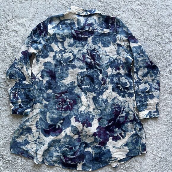 Soft Surroundings Women's Blue Floral Tunic Button Up Side Split Blouse 1X 58945 - Picture 5 of 8